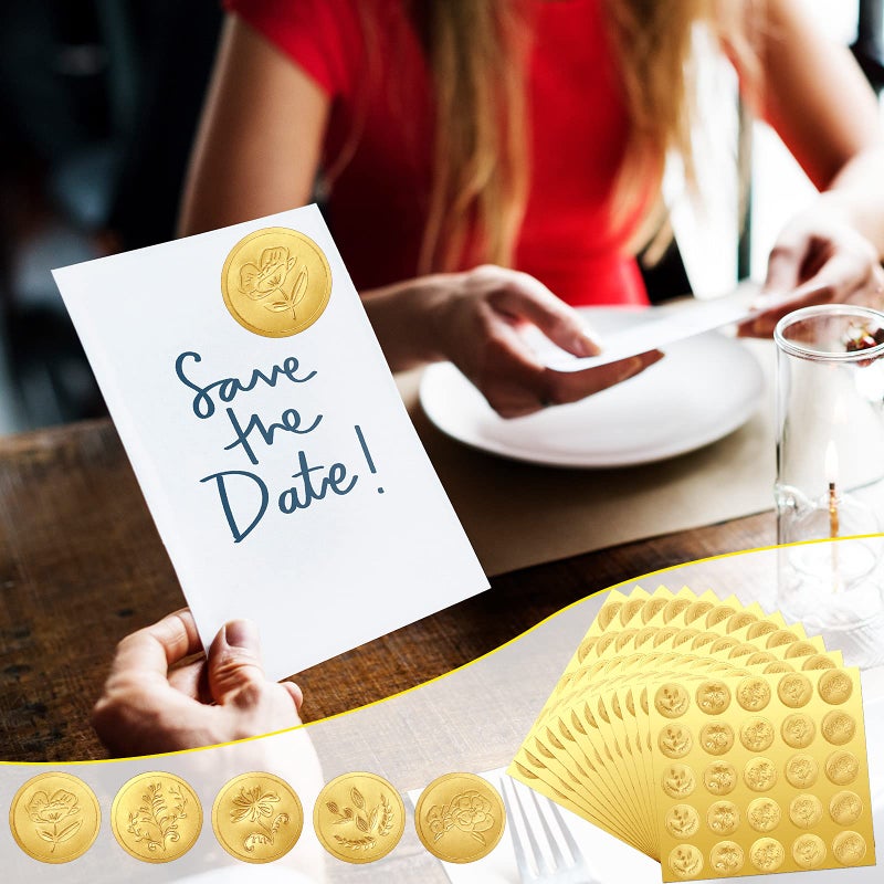 Chinco 500 Pieces Gold Embossed Envelope Seals Stickers Adhesive Seal Stickers Vintage Embossed Foil Certificate Kit Plant DIY Labels for Wedding Invitations Envelopes  5 Patterns(Flower Style) - Image 4